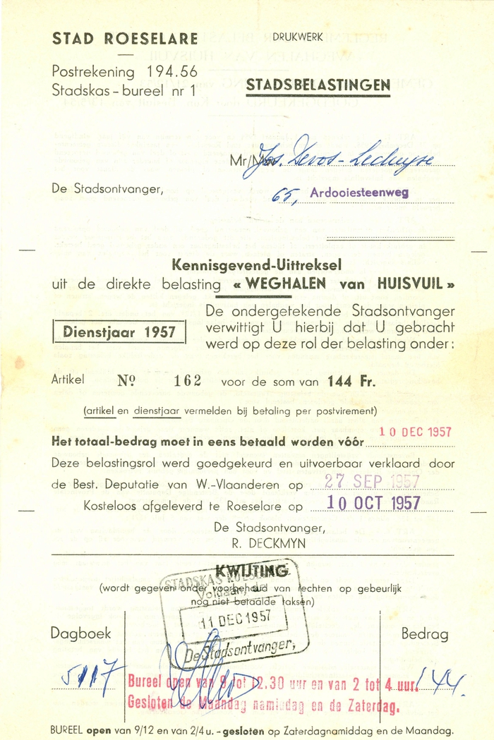 Aanslag  gemeentebelasting op het weghalen van huisvuil, Roeselare, 1957 en 1961