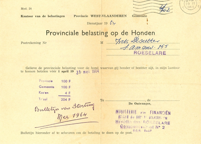 Aanslag provinciale en gemeentebelasting op honden, Roeselare, 1964