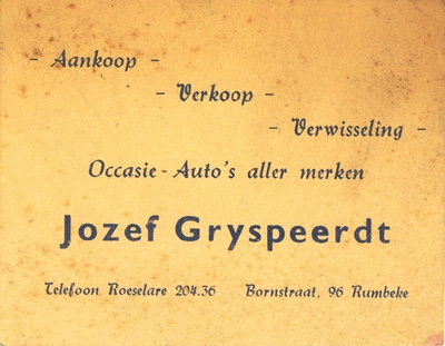 Promotiemateriaal auto's Jozef Gryspeerdt, Roeselare