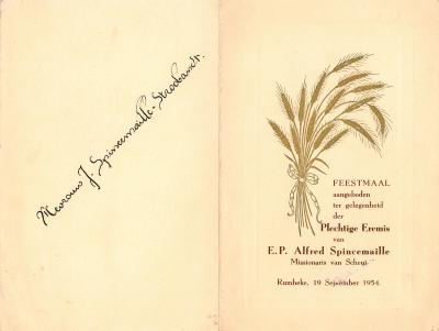 Spijskaart voor het feestmaal ter gelegenheid van de eremis van E.P. Alfred Spincemaille, Rumbeke, 1954