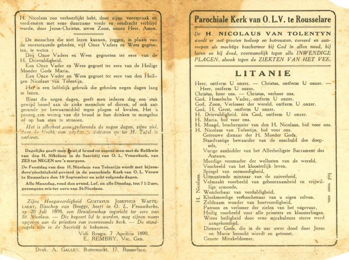 Litanie van de H. Nicolaus Van Tolentyn, Rousselare, 1898