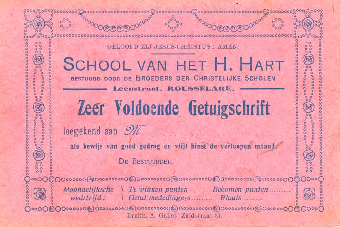 Getuigschrift School van het H.Hart, Roeselare,1933