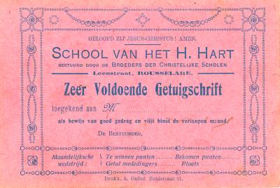 Getuigschrift School van het H.Hart, Roeselare,1933