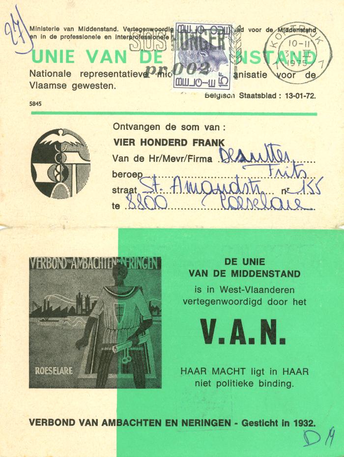 Lidkaart van V.A.N, Roeselare, 1975