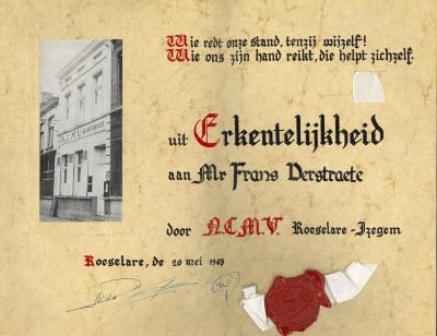 Erkentelijkheidsdiploma NCMV, Roeselare, 1963