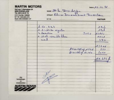 Factuurhoofding Martin Motors, Roeselare, 1986