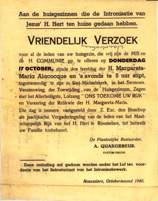 Uitnodiging tot verering van H.Margareta-Maria Alacocque, Roeselare,  1940