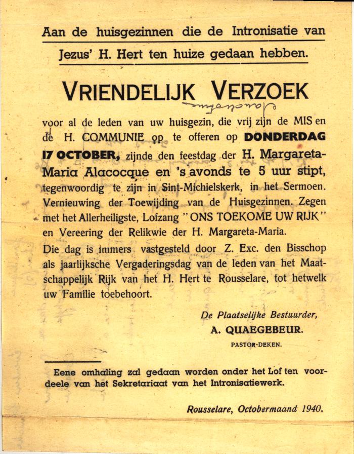 Uitnodiging tot verering van H.Margareta-Maria Alacocque, Roeselare,  1940