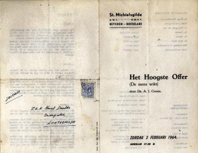 Programma toneelvoorstelling Het Hoogste Offer opgevoerd door de St Michielsgilde, Beveren Roeselare, 1964