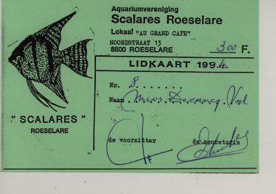 Lidkaart Aquariumvereniging Scalares, Roeselare, 1994