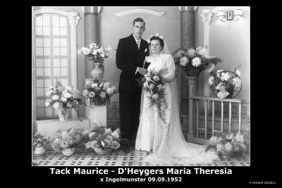Huwelijksfoto Maurice Tack en Maria Theresia D'Heygers, Ingelmunster, 1952