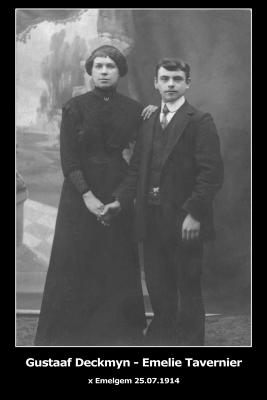 Huwelijksfoto Gustaaf Deckmyn en Emelie Tavernier, Emelgem, 1914