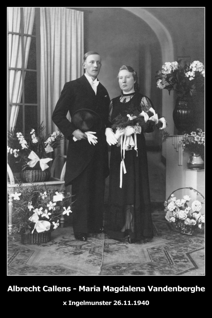 Huwelijksfoto Albrecht Callens en Maria Magdalena Vandenberghe, Ingelmunster, 1940 