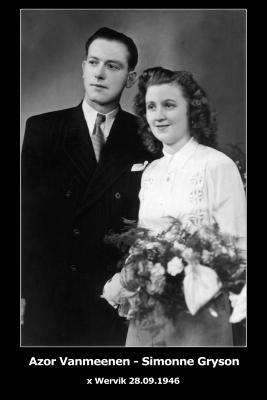 Huwelijksfoto Azor Vanmeenen - Simonne Gryson, Wervik, 1946