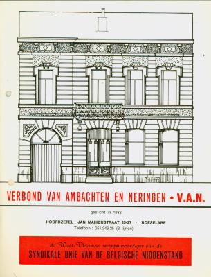 Brochure Verbond van Ambachten en Neringen, V.A.N., hoofdzetel in Roeselare. 