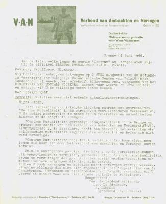 Brief V.A.N., Verbond van Ambachten en Neringen aan de leden, 2 juni 1966, Brugge.