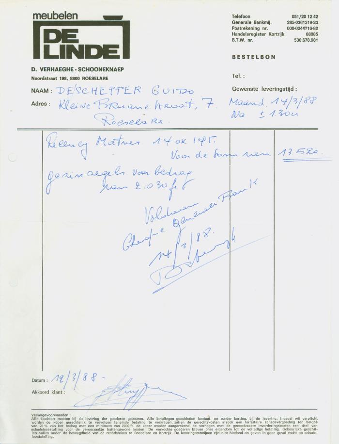 Bestelbon meubelen De Linde voor De Schepper Guido, 14 maart 1988, Roeselare.