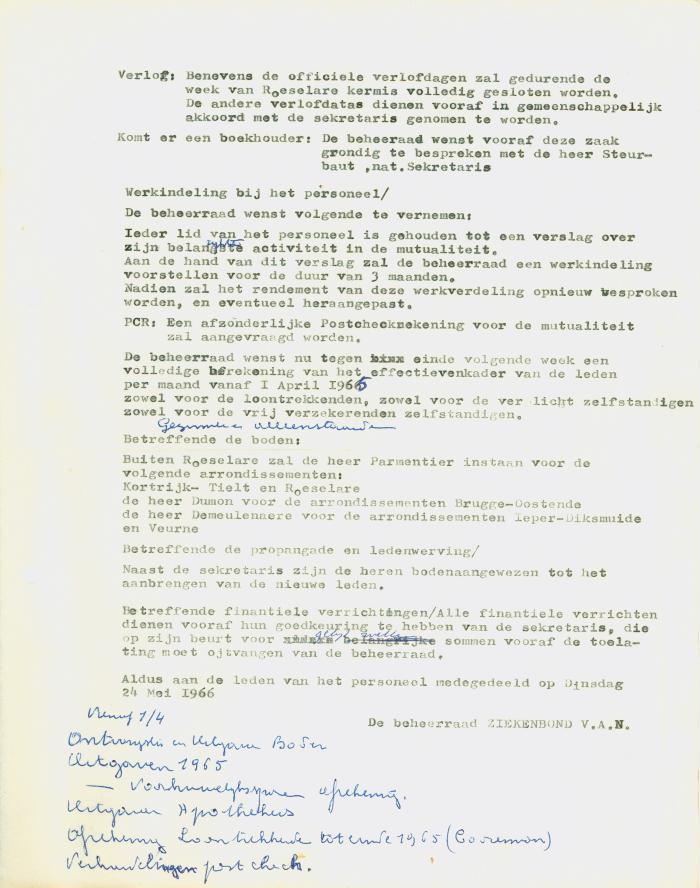 Mededeling Ziekenbond V.A.N., 24 mei 1966.