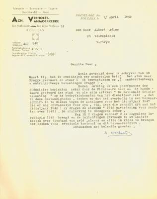 Brief van Ach. Verhoest-Vanmoerkerke van 7 april 1949, Roeselare aan de heer Albert Adins, Kortrijk.