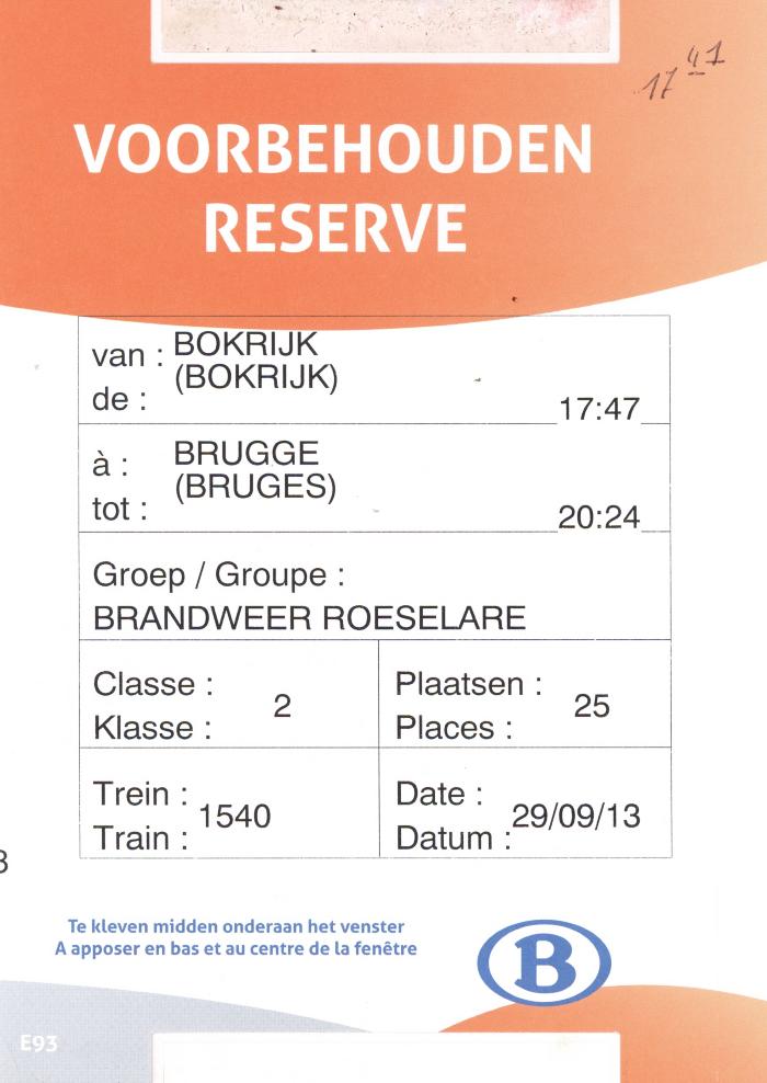 Kaart om deel van een trein voor te behouden voor de brandweer op 29/09/2013.