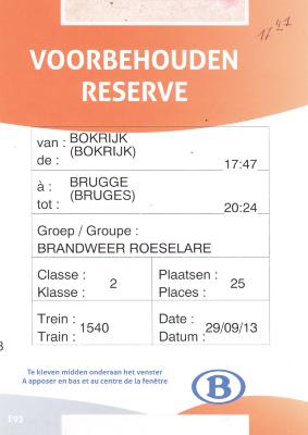 Kaart om deel van een trein voor te behouden voor de brandweer op 29/09/2013.