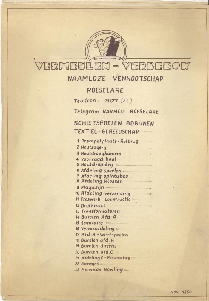 Grondplan Vermeulen-Verbeeck met uitleg, naamloze vennootschap, Roeselare.