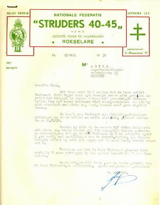 Brief van de nationale federatie "strijders 40-45" vzw, 29 mei 1950, Roeselare aan Mr Adins, Kortrijk.
