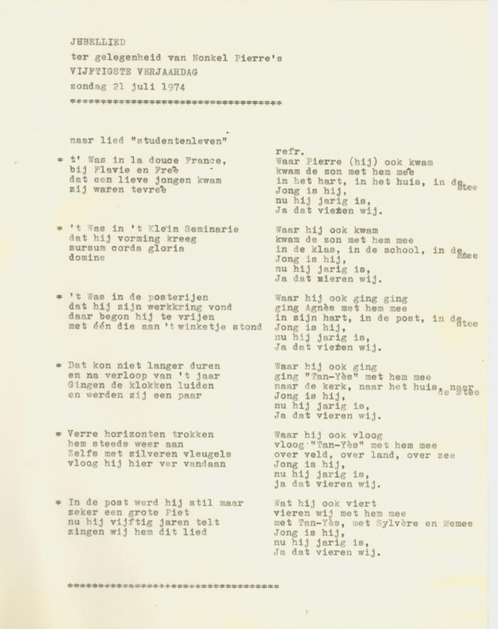 Jubellied ter gelegenheid van nonkel Pierre's vijftigste verjaardag, zondag 21 juli 1974.