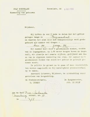 Brief Stad Roeselare voor heer Pierre Clickemaillie, 4 oktober 1956, Roeselare.