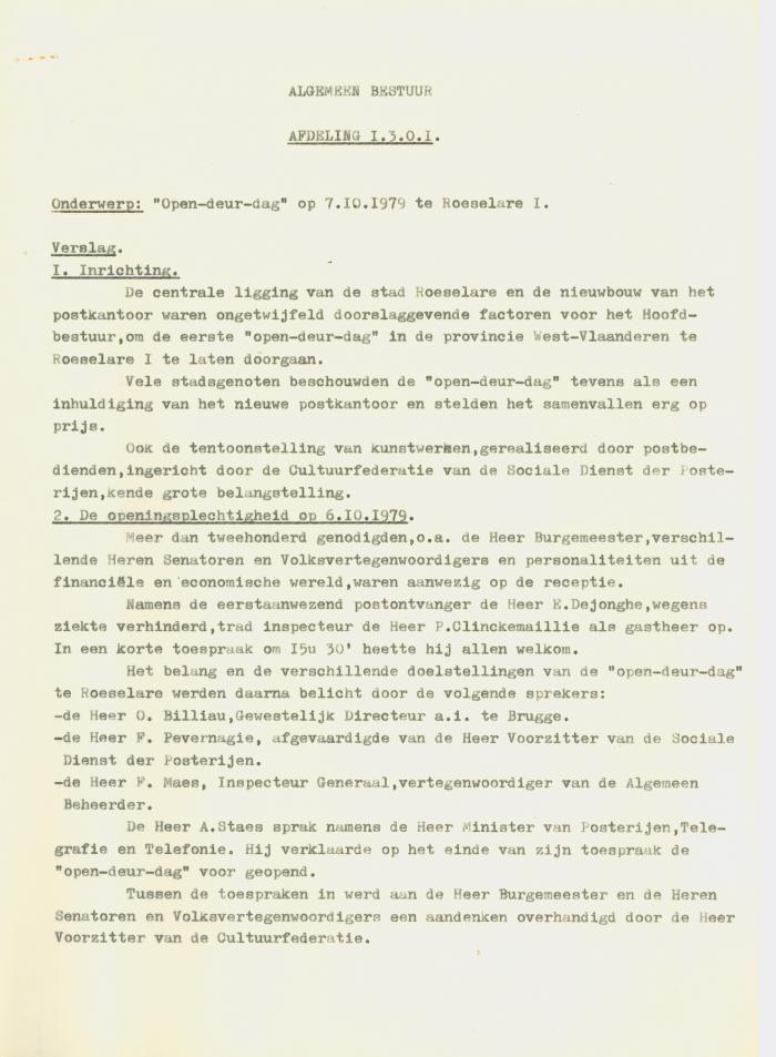 Verslag van algemeen bestuur met onderwerp opendeurdag 7 oktober 1979 te Roeselare 1.
