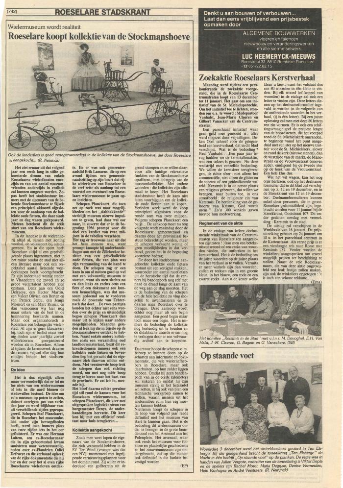 Krantenartikels van de Roeselaarse stadskrant over Roeselare van vrijdag 5 december 1986.
