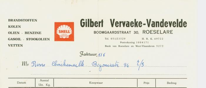 Factuur Gilbert Vervaeke-Vandevelde, Roeselare voor M. Clickemaille van 19 november 1968.