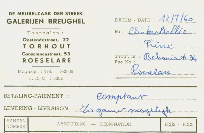 Betaalbewijs De meubelzaak der streek Galerijen Breughel, Torhout en Roeselare aan Mr Clinckemallie, Roeselare van 12 juli 1960.
