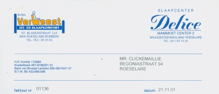 Factuur van bvba Verbeest en Slaapcenter Delice, Roeselare voor Mr. Clickemaillie, Roeselare.