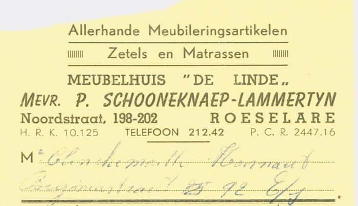 Kasticket Meubelhuis 'De Linde', Roeselare voor Clinckemaille-Hoornaert. 