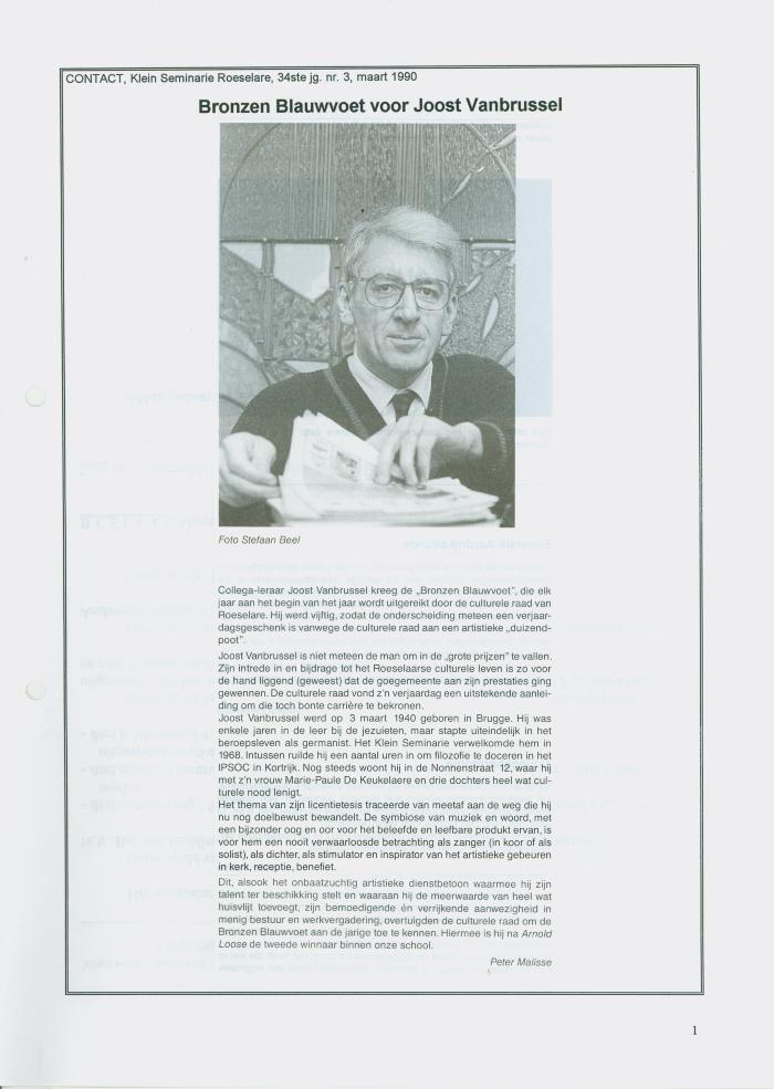 Artikel uit Contact, Klein Seminarie Roeselare, maart 1990: "Bronzen Blauwvoet voor Joost Vanbrussel".