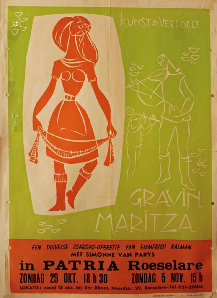 Affiche van de Toneel- en Operetteopvoering "Gravin Maritza"  door het  Roeselaars Koninklijk Lyrisch Gezelschap "Kunst Veredelt", Roeselare, 1960