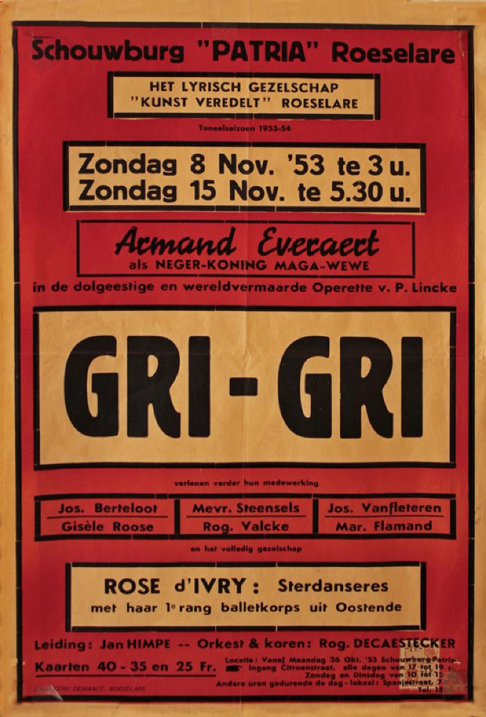 Affiche van de Toneel- en Operetteopvoering "Gri-gri" door het  Roeselaars Operettegezelschap "Kunst Veredelt", Roeselare, 1953