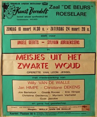 Affiche van de Toneel- en Operetteopvoering "Meisjes uit het Zwarte Woud"  door het  Roeselaars Koninklijk Lyrisch Gezelschap "Kunst Veredelt", Roeselare, 1973
