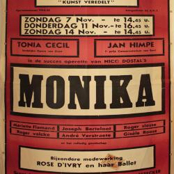 Affiche van de Toneel- en Operetteopvoering "Monika" door het  Roeselaars Lyrisch Gezelschap "Kunst Veredelt", Roeselare, 1954