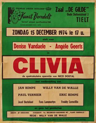 Affiche van de Toneel- en Operetteopvoering "Clivia"  door het  Roeselaars Koninklijk Lyrisch Gezelschap "Kunst Veredelt", Tielt, 1974