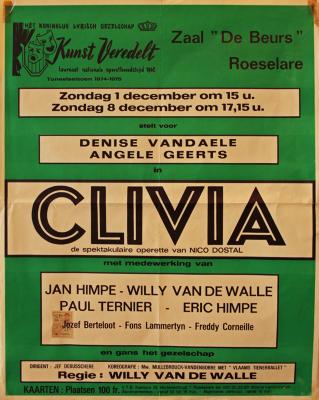Affiche van de Toneel- en Operetteopvoering "Clivia"  door het  Roeselaars Koninklijk Lyrisch Gezelschap "Kunst Veredelt", Roeselare, 1974