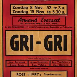 Affiche van de Toneel- en Operetteopvoering "Gri-gri" door het  Roeselaars Operettegezelschap "Kunst Veredelt", Roeselare, 1953