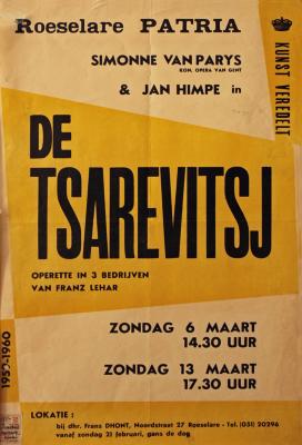 Affiche van de Toneel- en Operetteopvoering "De Tsarevitsj"  door het  Roeselaars Koninklijk Lyrisch Gezelschap "Kunst Veredelt", Roeselare, 1960