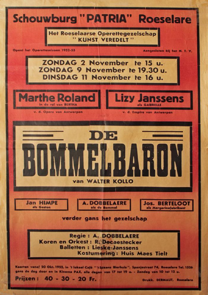 Affiche van de Toneel- en Operetteopvoering "De Bommelbaron" door het  Roeselaars Operettegezelschap "Kunst Veredelt", Roeselare, 1952