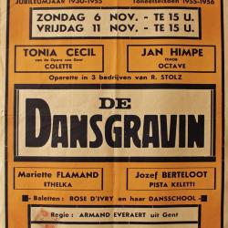Affiche van de Toneel- en Operetteopvoering "De dansgravin" door het  Roeselaars Lyrisch Gezelschap "Kunst Veredelt", Roeselare, 1954