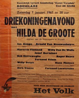 Affiche van de Toneel- en Operetteopvoering "Driekoningenavond"  door het  Roeselaars Koninklijk Lyrisch Gezelschap "Kunst Veredelt", Roeselare, 1967