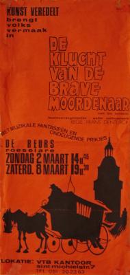 Affiche van de Toneel- en Operetteopvoering "De klucht van de brave moordenaar"  door het  Roeselaars Koninklijk Lyrisch Gezelschap "Kunst Veredelt", Roeselare, 1975