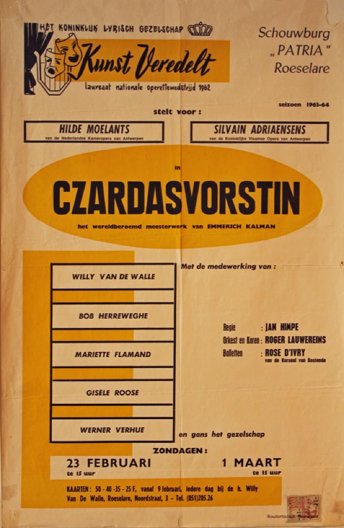 Affiche van de Toneel- en Operetteopvoering "Czardavorstin"  door het  Roeselaars Koninklijk Lyrisch Gezelschap "Kunst Veredelt", Roeselare, 1964
