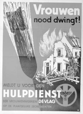 Affiche "Vrouwen nood dwingt! Meldt u voor den hulpdienst.", WOII.